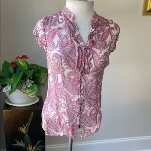 Banana Republic Pink Paisley Ruffle Button-Up Blouse